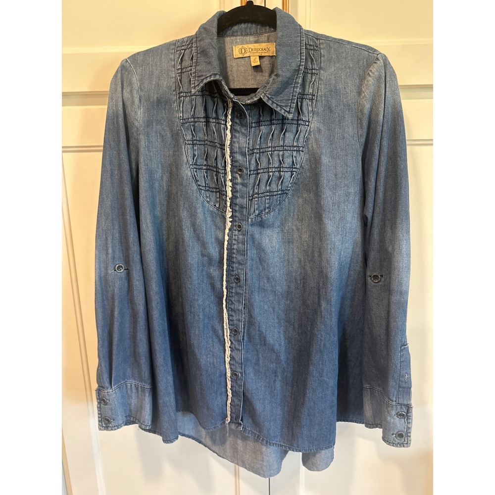 Democracy Womens Medium Wash Denim Pintuck Bib Roll Tab Sleeve Shirt Large boho
